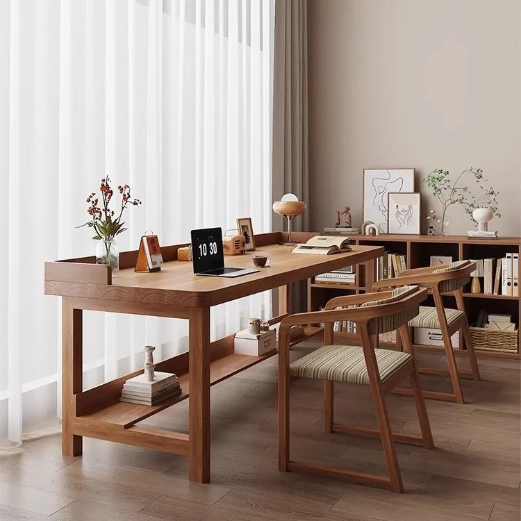 ！@Solid Wood Living Room Integrated Desk, Log Style, Study Office Desk Multi-purpose Computer Chair and Table Office Computer De