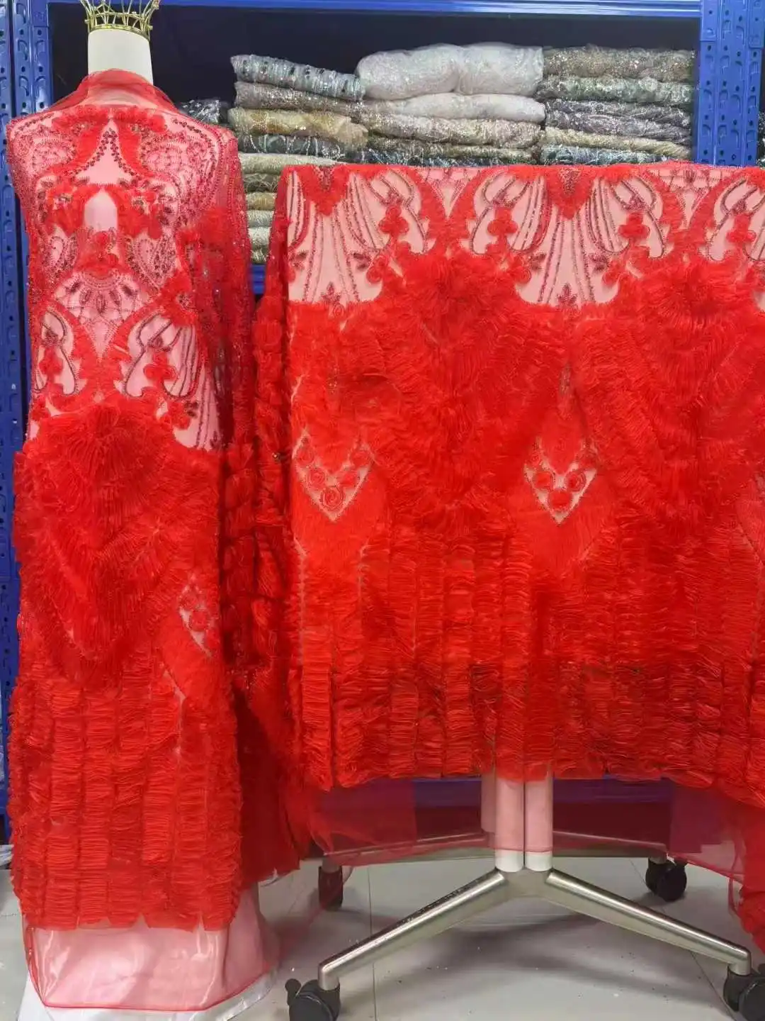 

3D Floral French Sequin Lace Fabric 2026 High-Quality African Beaded Lace Fabric Ideal for Party Dresses and Wedding Gowns