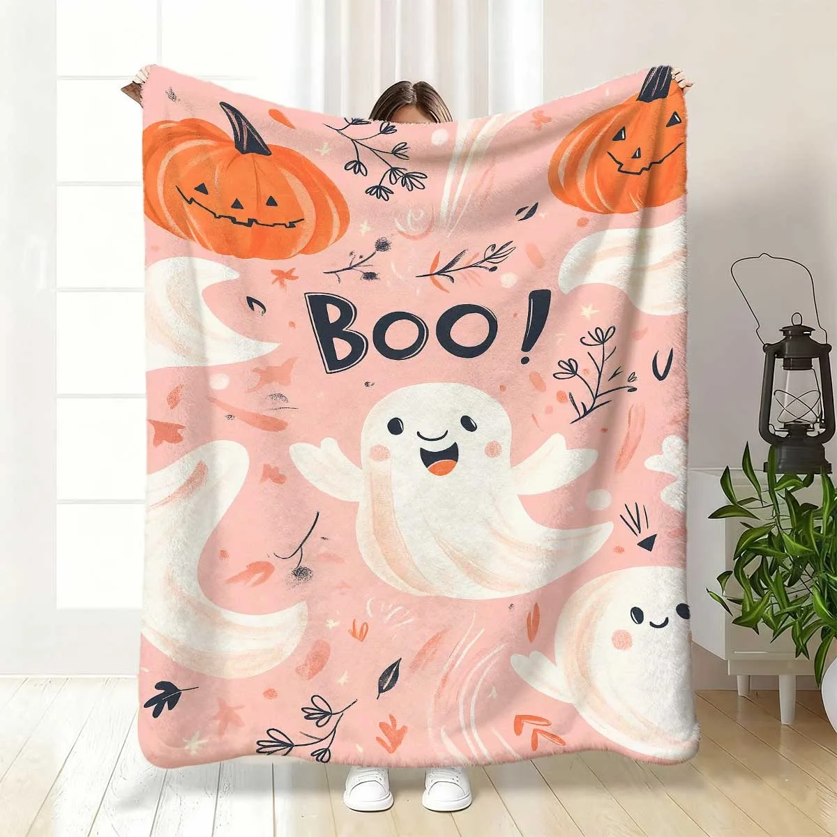 1pc Pink Themed Cute Pumpkin Ghost Print Blanket, Soft Flannel Throw, Allseason, Cabin Style, Polyester, Digital Print, 200250G Fabric, Home And Kitchen Bedding, No Embellishments, Mi
