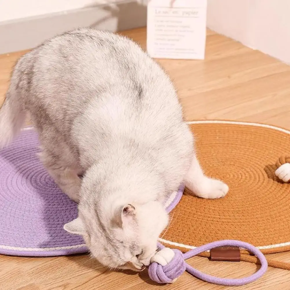 Cat Play Pad Woven Cotton Rope Cat Scratching Pad with Bait Ball Cute Ear Design Indoor Furniture Protector Mat for Cats Cotton