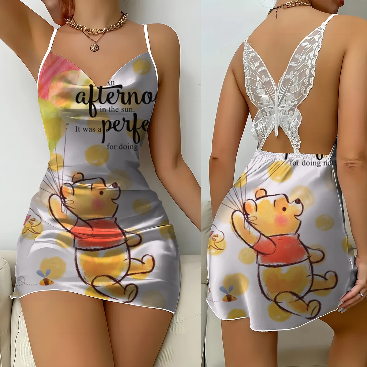 Summer Women's Sleeveless Satin Short Nightgown Retro Winnie the Pooh Cartoon Print Sexy Butterfly Lace Ladies Nightgown