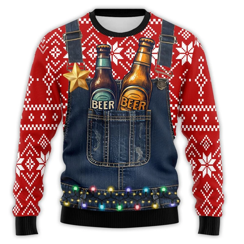 Harajuku Beer Graphic Sweatshirts Santa Claus Bar Party 3D Printed Ugly Christmas Sweater Unisex Pullovers Streetwear Boy Tops