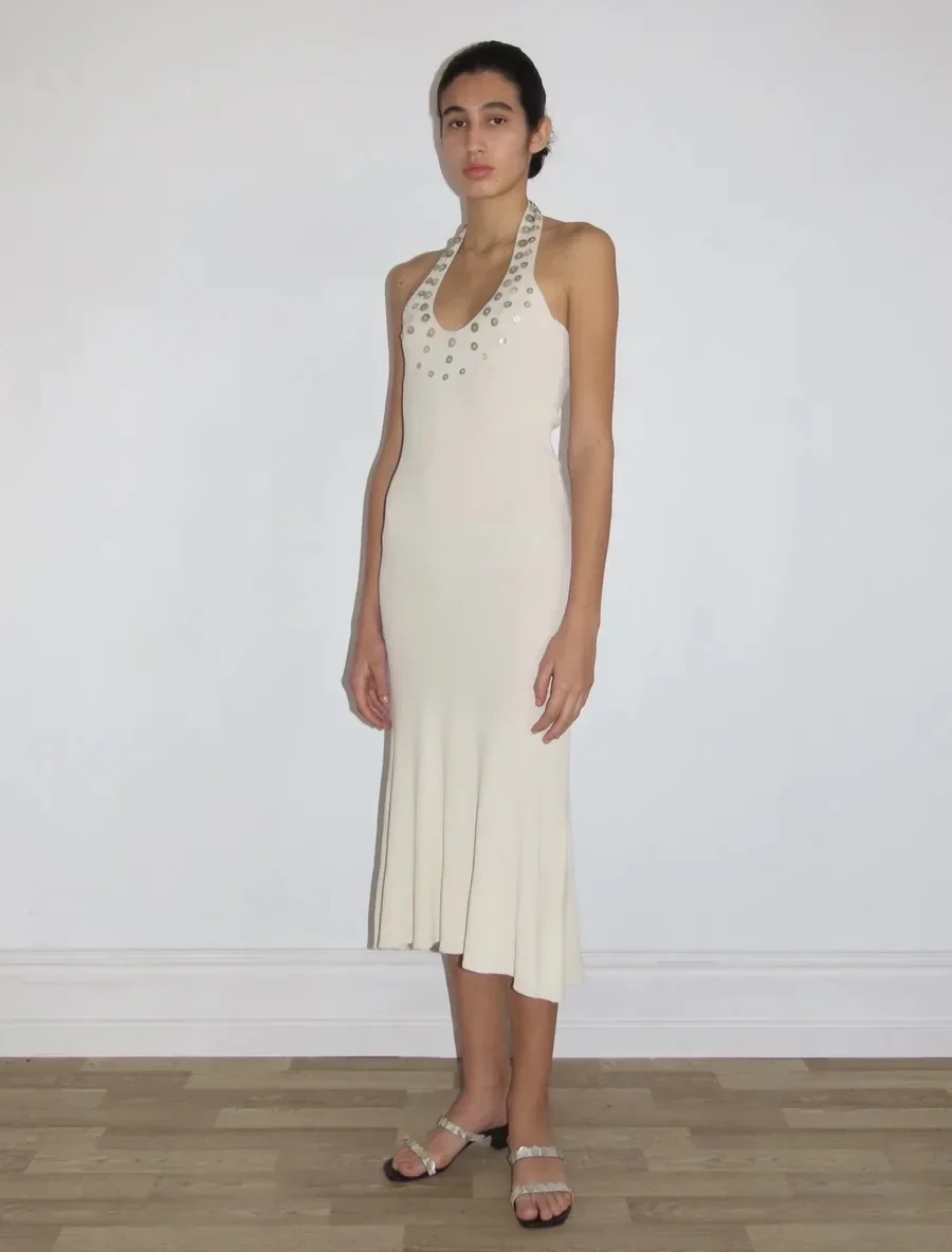 

Pa wl Spanish irregular pearl mother of pearl sequin knitted long dress slim fit dress for women in summer