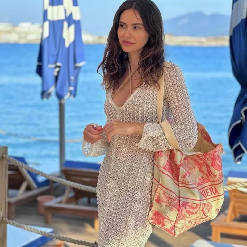 Para Praia 니트 비키니 커버 업 2025 Beachwear 롱 셔츠 비치 맥시 롱 드레스 Sarong 여성 루즈 카디건 수영복 커버