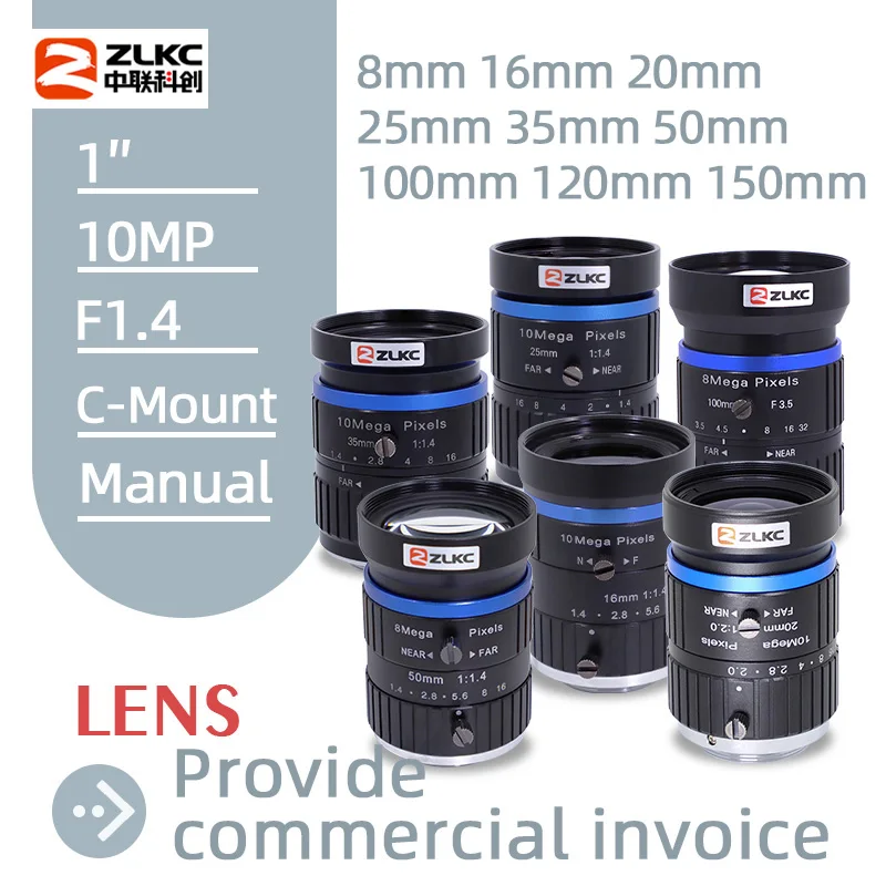 Obiektyw ZLKC 10MP FA F1.4 z dużą przysłoną, 1-calowy obiektyw z mocowaniem typu C, obiektyw do wizji maszynowej o stałej ogni
