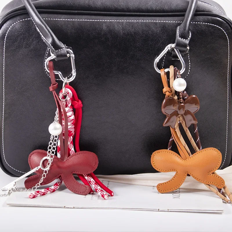 

New Ins Style Angora Red Leather Pearl Bow Bag Accessories High-end Car Key Chain Fashion Versatile Bag Parts Accessories