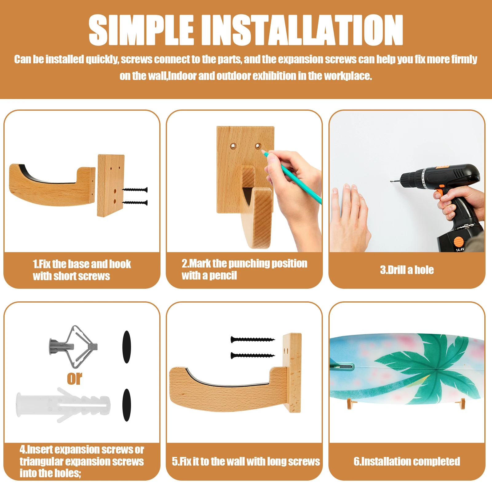 رف حائط من الخشب لركوب الأمواج يُعلق على الحائط حامل عرض لوح التزلج للألواح الطويلة والألواح القصيرة وألواح التزلج على الجليد والتزلج #4