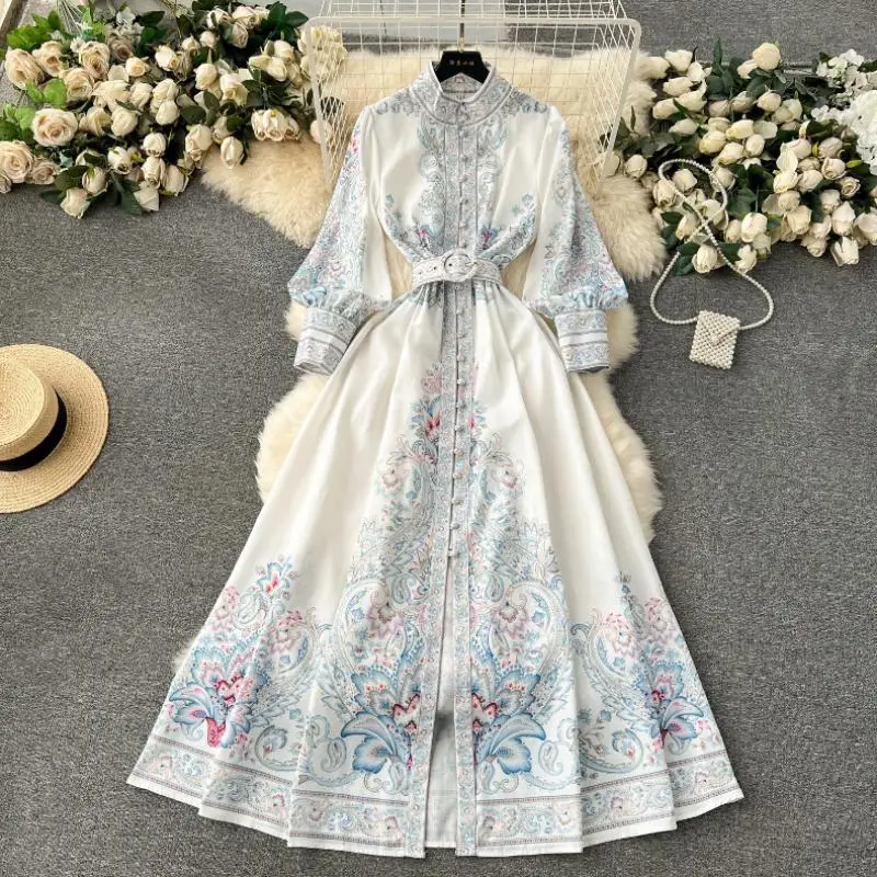 New Women Palace Style Dress Collar Row Buckle Slim Retro Printed Bubble Sleeve Waist-Controlled One-Piece Dresses Holiday Skirt