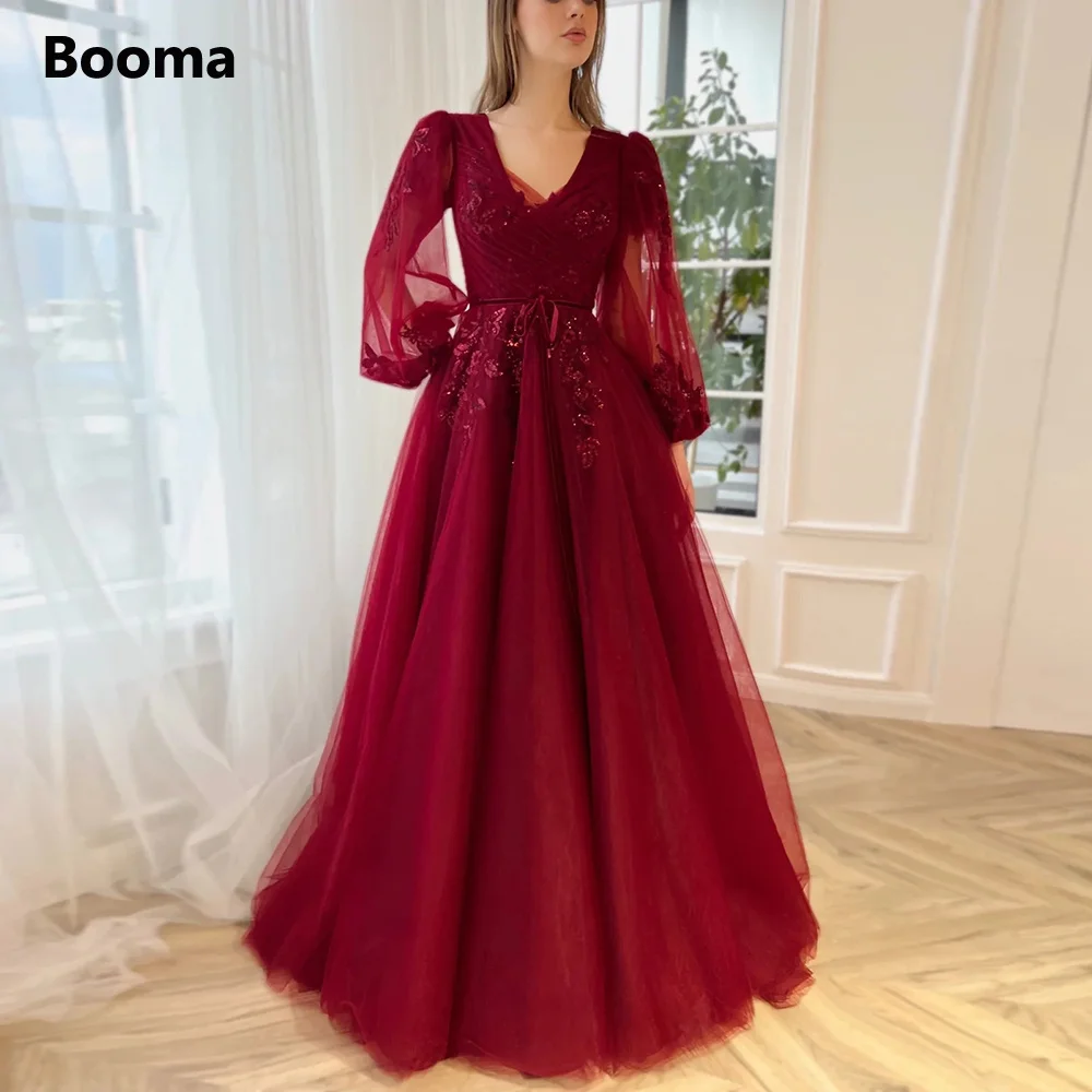 

Booma Wine Red Tulle A-Line Prom Dresses Long Sleeves V-Neck Sequin Appliques Maxi Evening Party Gowns Formal Event Dresses