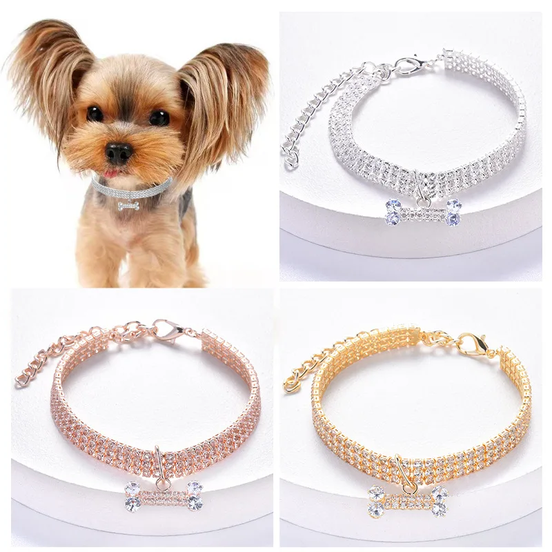 Adjustable Pet Necklace Cat Dog Crystal Collar Rhinestone Bone Pendant Puppy Luxury Fashion Beauty Dress Up Dog Accessories