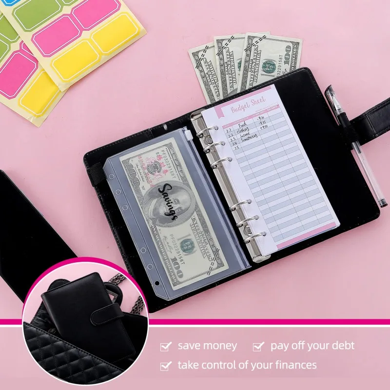 A6 Planner Organizer PU Leather Budget Binder with Cash Envelopes Pockets Zip Small French Budget Pouch for Saving Money Escuela
