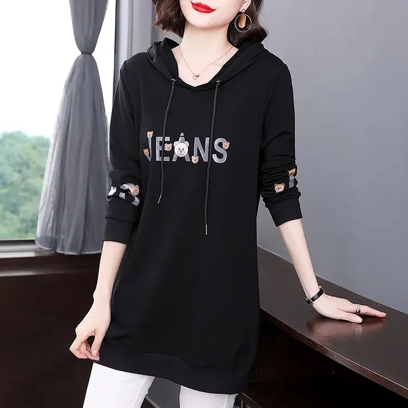 Autumn and Winter New Trend Temperament Women's Clothing Letter Printing Drawstring Long Sleeve Solid Color Commuter Hoodies