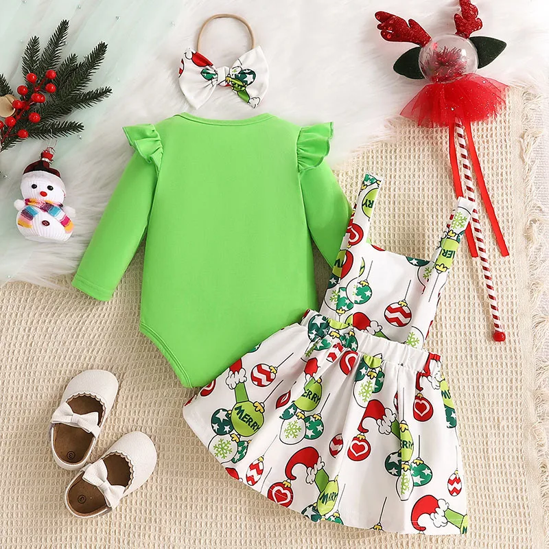 2024 New 3pcs Baby Bodysuit Set Christmas Day Toddler Cute Jumpsuit + Balloon Strap Skirt+ Hair Band Infant Outfit