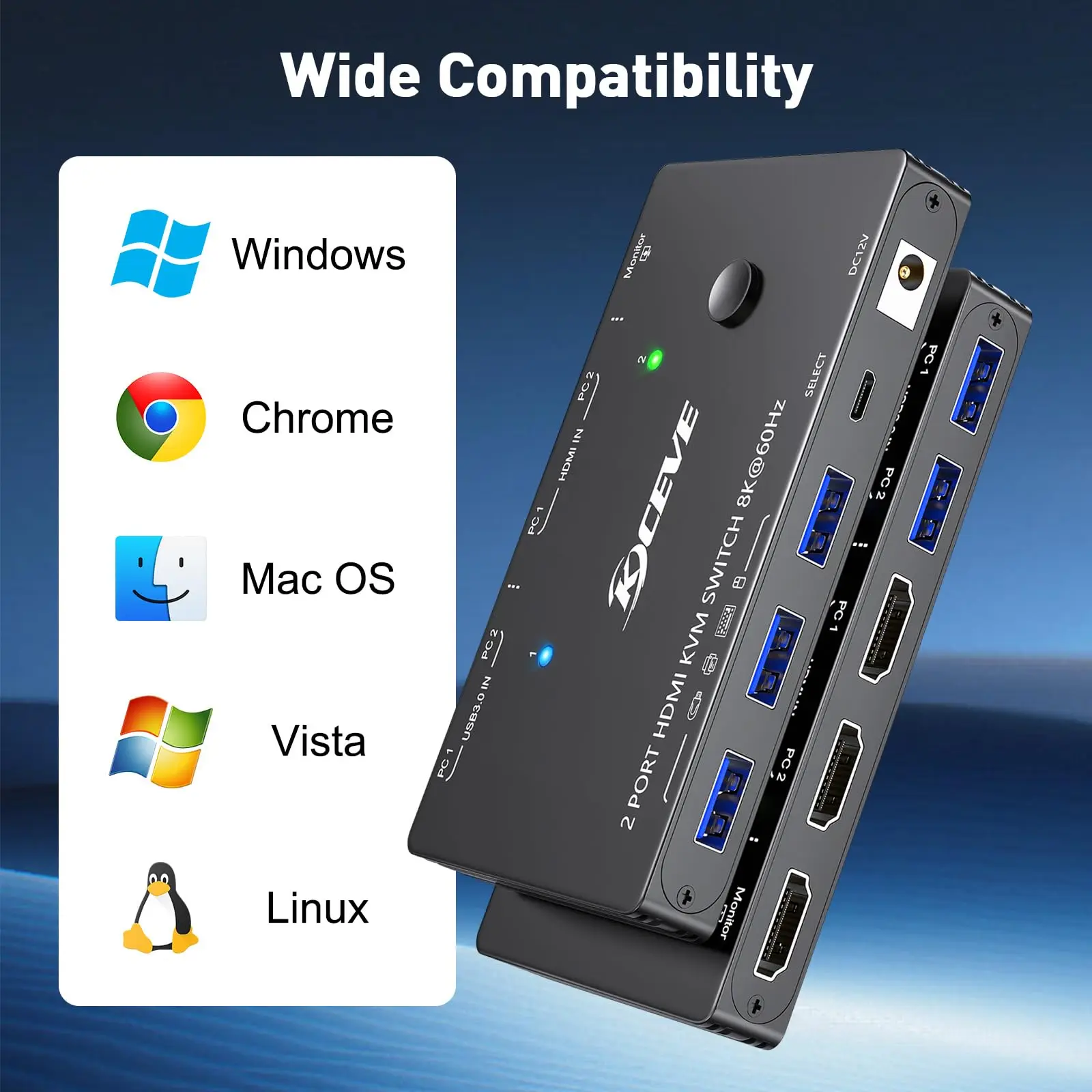 2024 New Kceve USB 3.0 KVM Switch HDMI 8K@60Hz with 3 USB3.0 Switch for 2 Computers Sharing 1 Monitor Keyboard Mouse