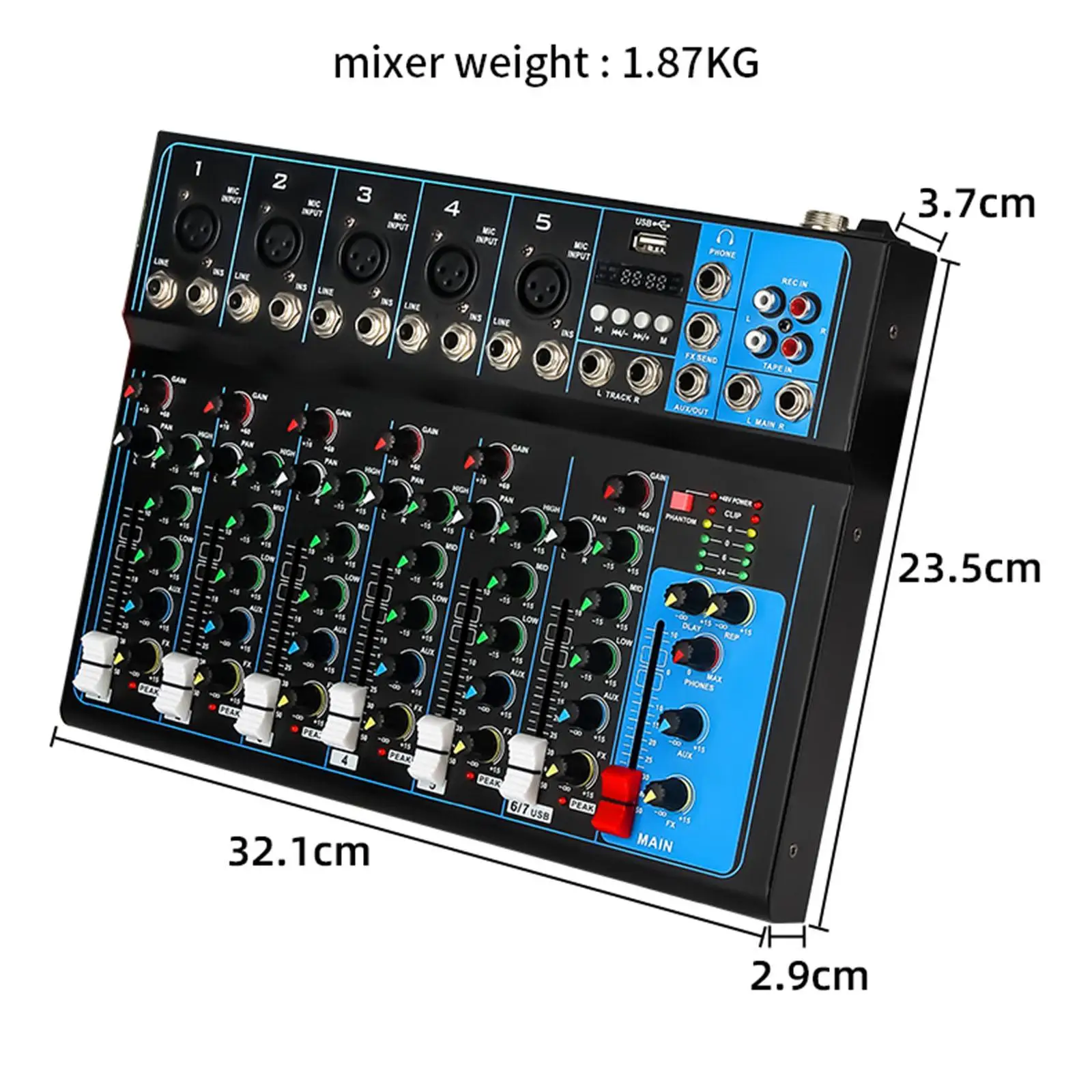 

7 Channel Audio Mixer Support USB Playback Compact Sound Mixing Board Console System Mini for Music Application KTV Stage Party