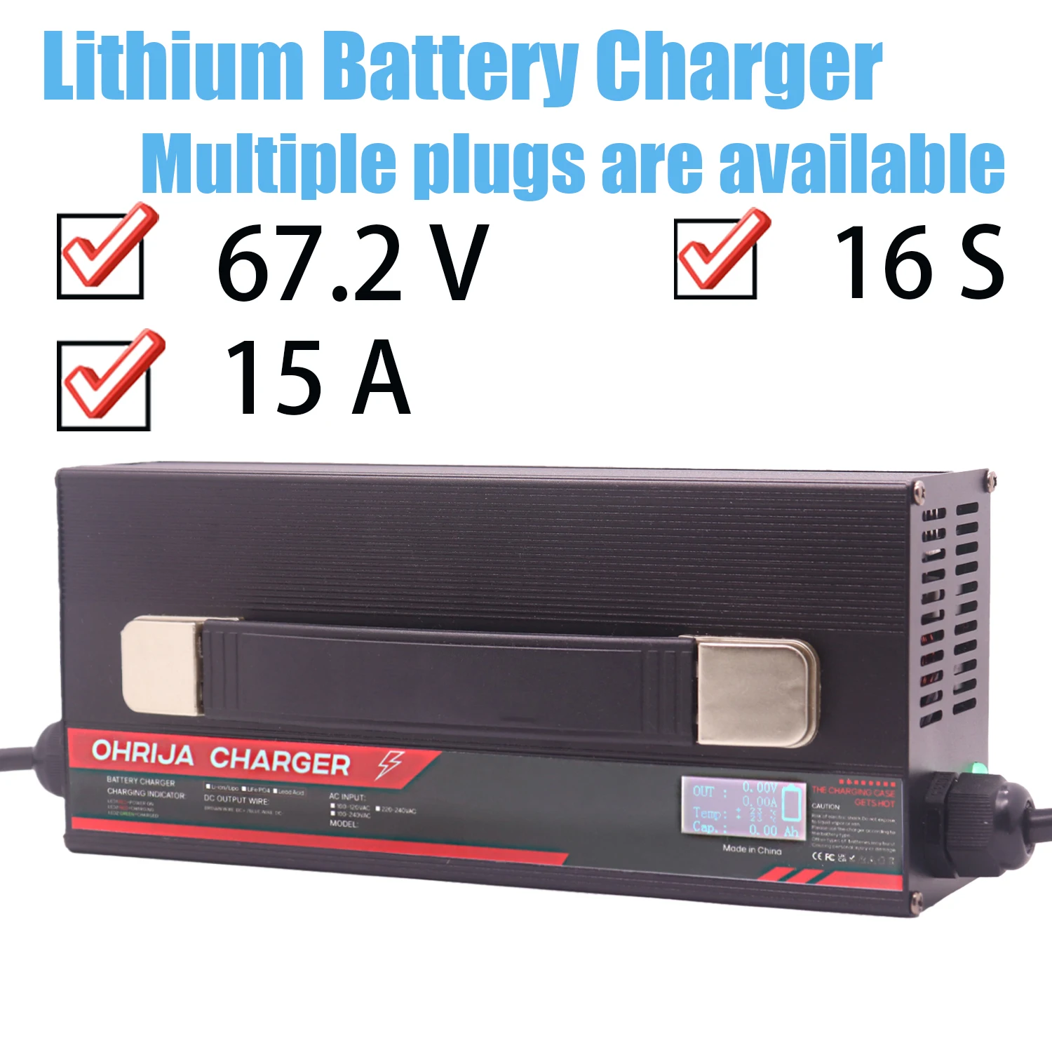 OHRIJA 67.2V 15A High power Aluminum Shell LCD Li-ion Battery Charger is Suitable 16S 60V Battery Fast Charging Heat dissipation