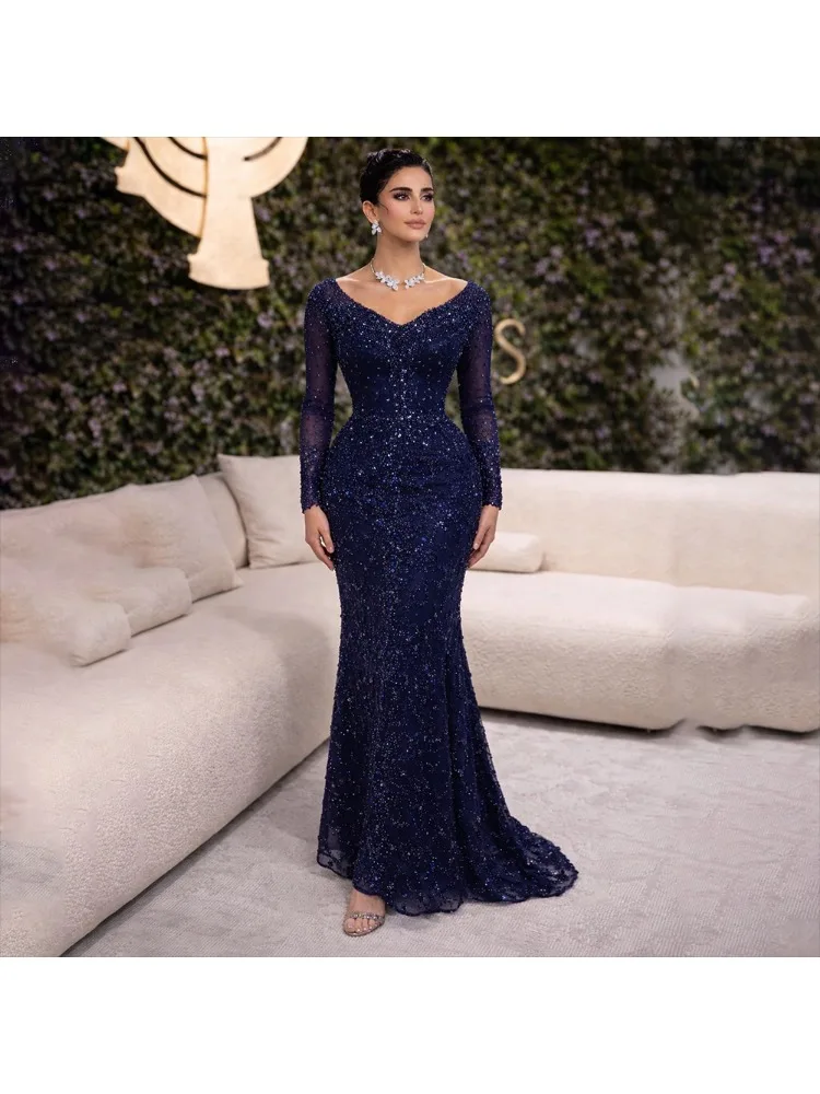 Luxe avondjurk op maat gemaakt met off-shoulder V-hals, lange mouwen, kralen, pailletten, zeemeermin, sprankelende Dubai bruiloftsjurken - afbeelding 2