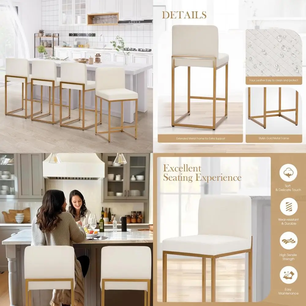 Stołki barowe Sophia & William White & Gold, zestaw 4 stołków barowych o wysokości blatu z oparciem, nowoczesne krzesła barowe ze skóry PU, 24 cale