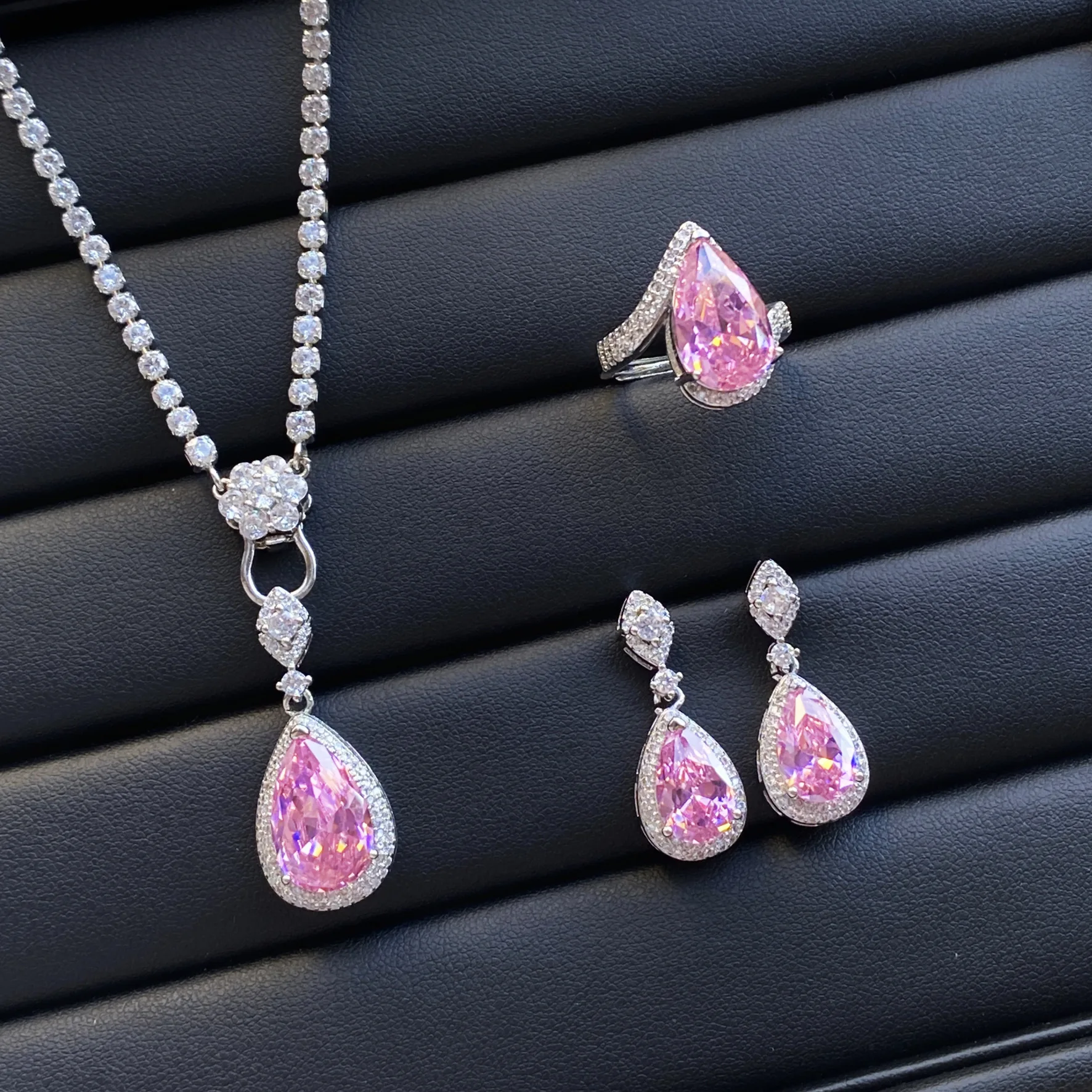 925 Silver Color Temperament Pink Jewelry Sets Water Drop Cubic Zirconia Ladies Wedding Engagement Bridal Ring Earring Necklace