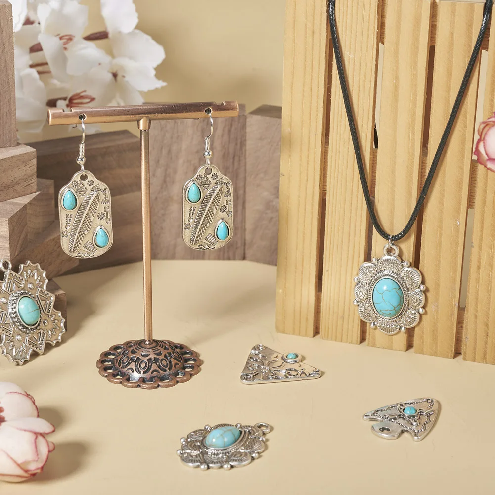 16Pcs Bohemian Pendants Antique Silver Color Geometric Synthetic Turquoise Charms for DIY Earrings Necklace Women Jewelry Making