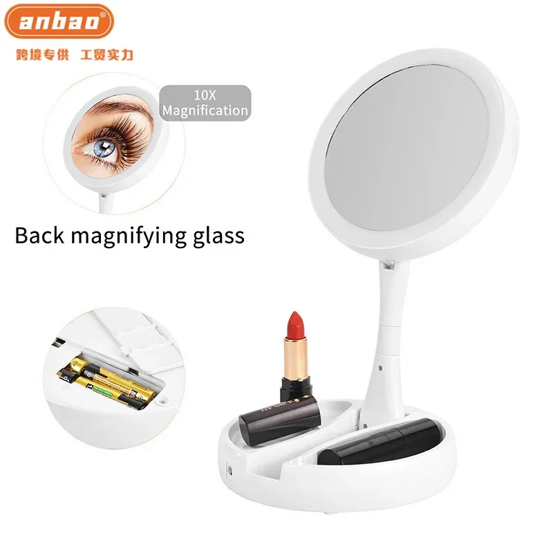 Double-sided folding vanity mirror, double-sided mirror 10 times magnification, household desktop filling light lipstick storage