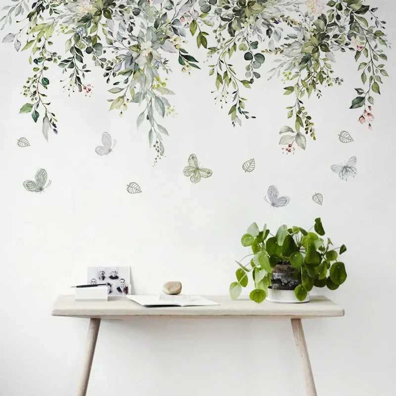 

Green plant vine butterfly wall sticker background living room furniture decoration self-adhesive