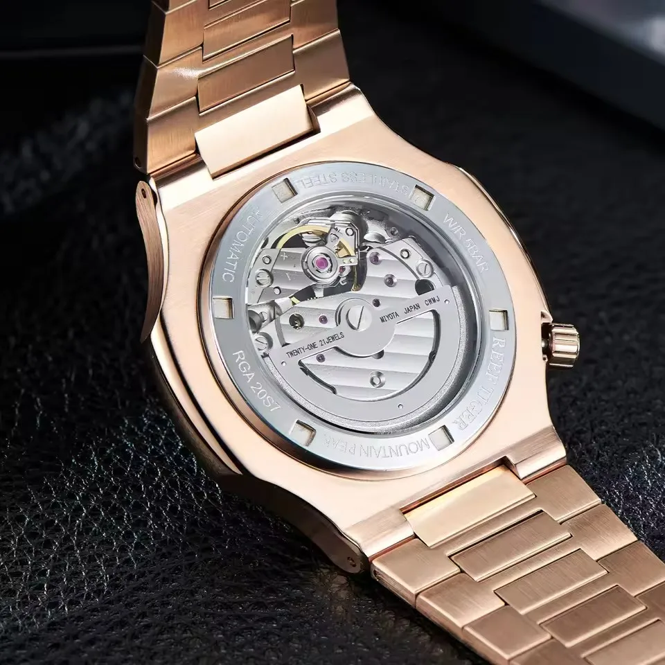 Reef Tiger Męski Zegarek Automatyczny 44mm Kwadratowy Mechaniczny Zegarek na Rękę Szafirowe Szkło Luminescencyjne Wielo Tarczowy 24 Godziny i Mała Sekunda