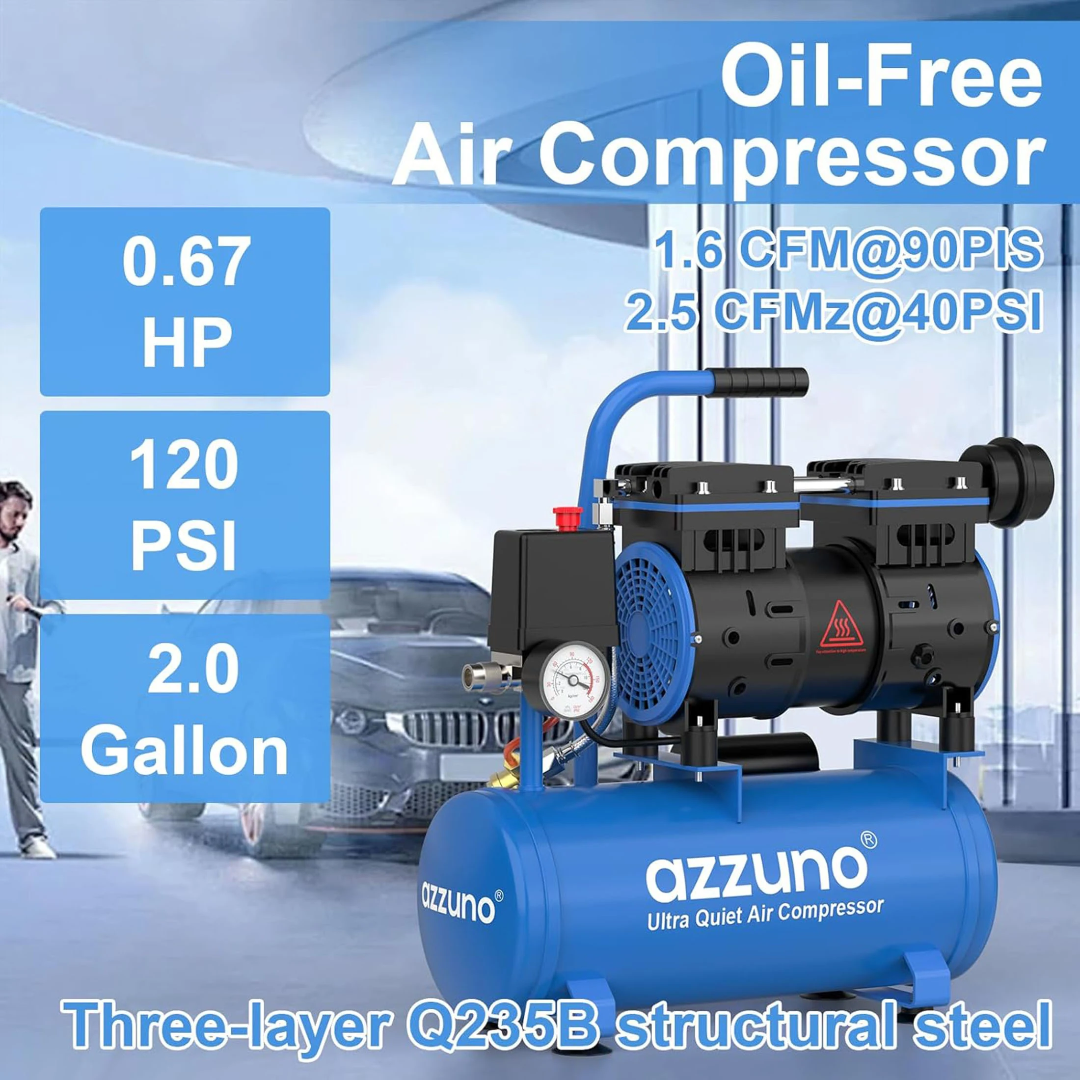 AZZUNO Silent Air Compressor 2 Gallon Quiet Oil-free Portable Air Pump for Home Repair Tire Inflation Whisper Compressor