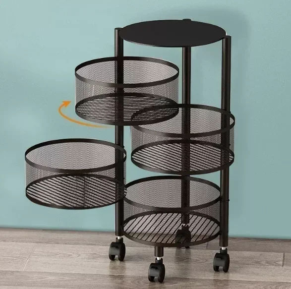 Kitchen Storage Round Rotating Trolley,Fruit Vegetable Floor Shelve Installation-free Racks,Multi-storey Snack Flavoring Basket