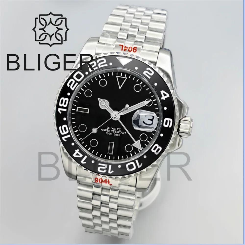 BLIGER 40 مللي متر GMT ساعات رجالية 100 متر مقاوم للماء شعار مخصص السيراميك الياقوت الزجاج الفولاذ المقاوم للصدأ الأعمال التلقائي ساعة رجالية