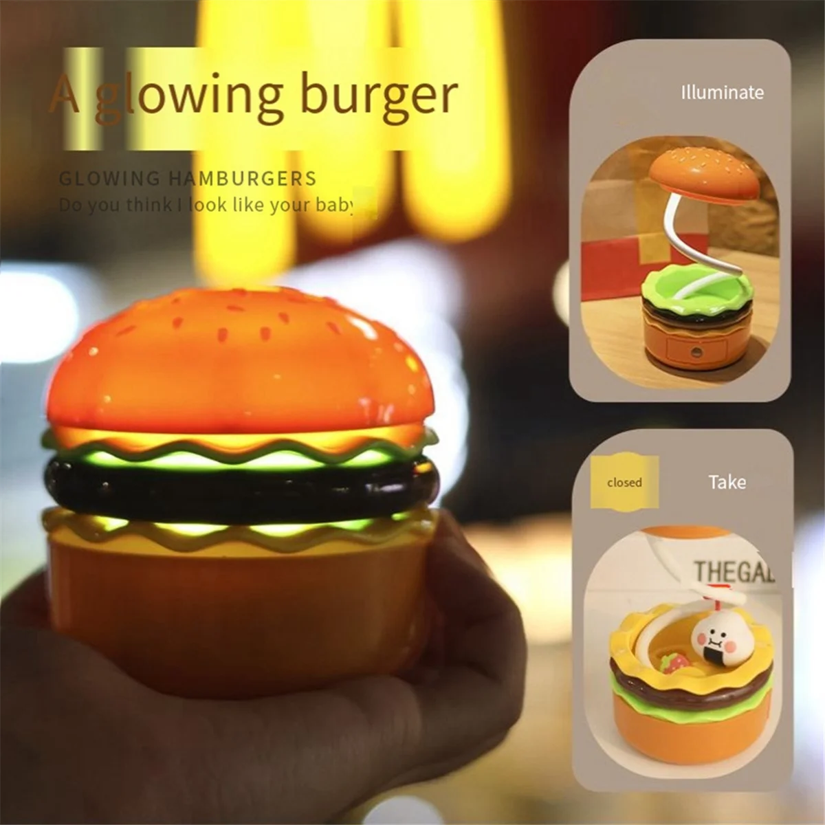 A26P 어린이를위한 귀여운 책상 램프, 연필 깎이가있는 조절 가능한 목 터치 스위치가있는 충전식 햄버거 소형 책상 램프