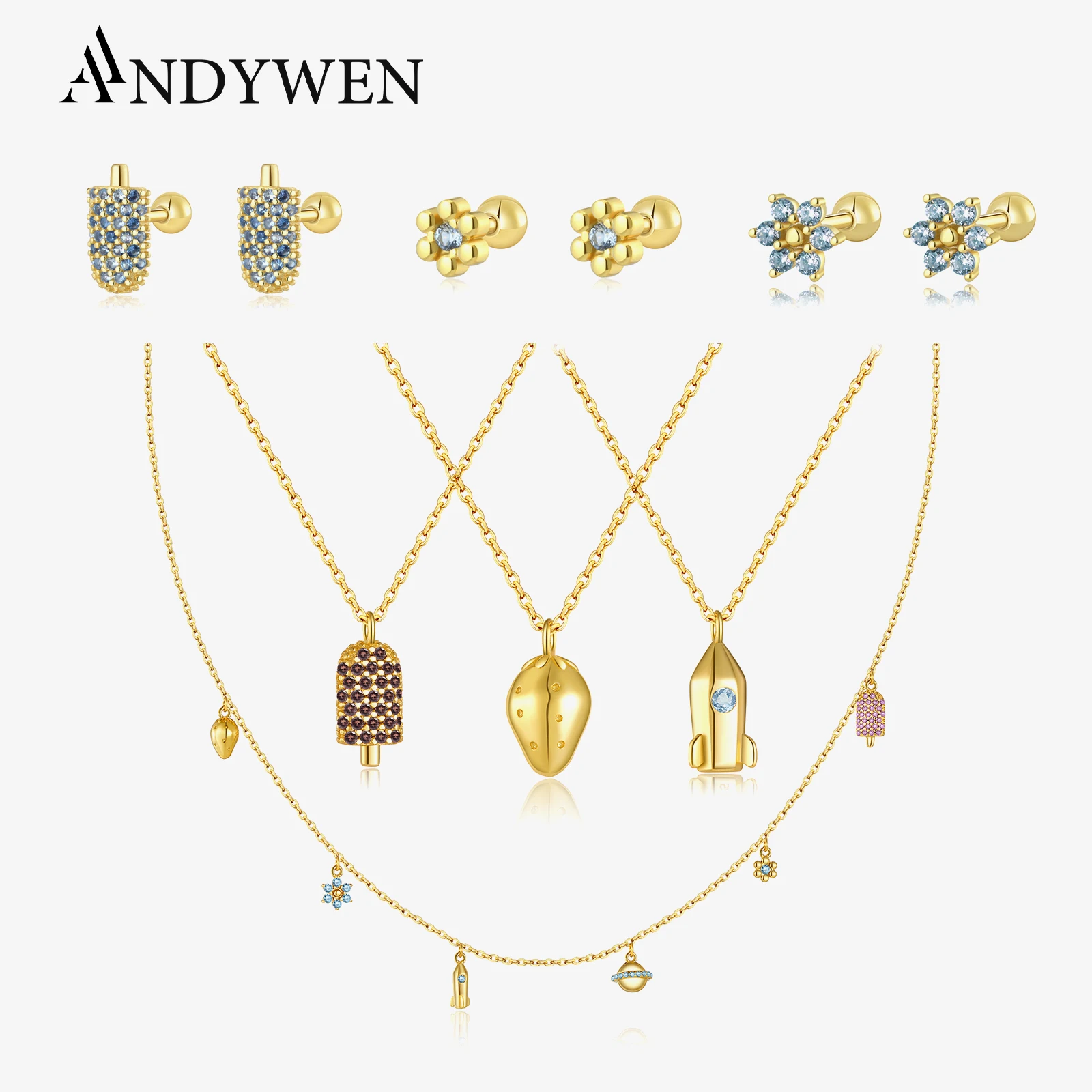 ANDYWEN 925 Sterling Silver Peony Les Petites Stud Earring POPSICLE Dreap Drop Earring Saturn Global Charm Necklace Jewelry Set