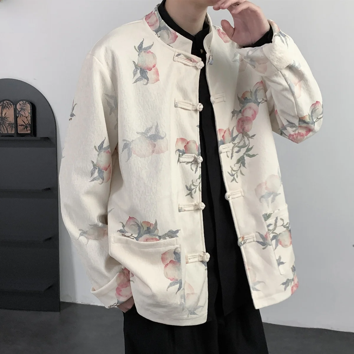 

Loose Fit Stand Collar Hanfu Jaet Men's plus Size Tang Costume Jaet Autumn Faionable Outerwear Traditional Chinese Sle