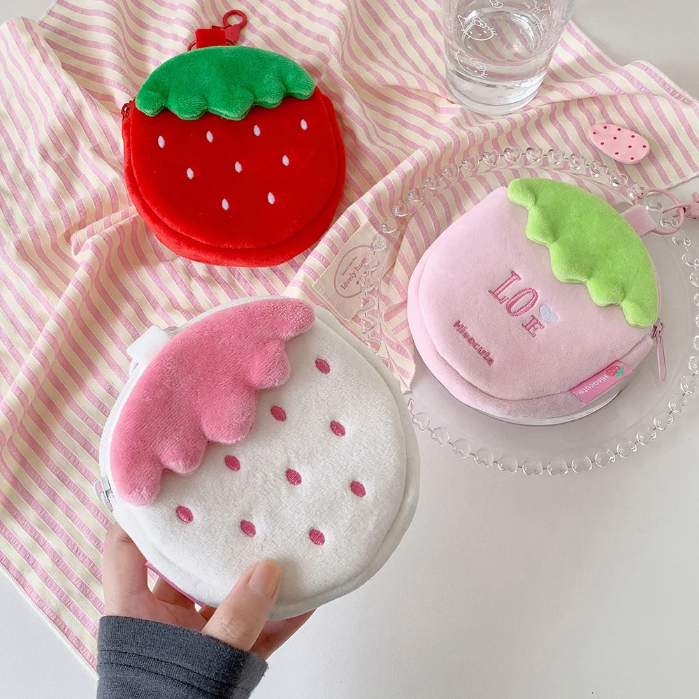 Cute Plush Strawberry Shaped Coin Purse with Zipper Closure and Keychain Clip Small Soft Pouch for Daily Essentials Storage