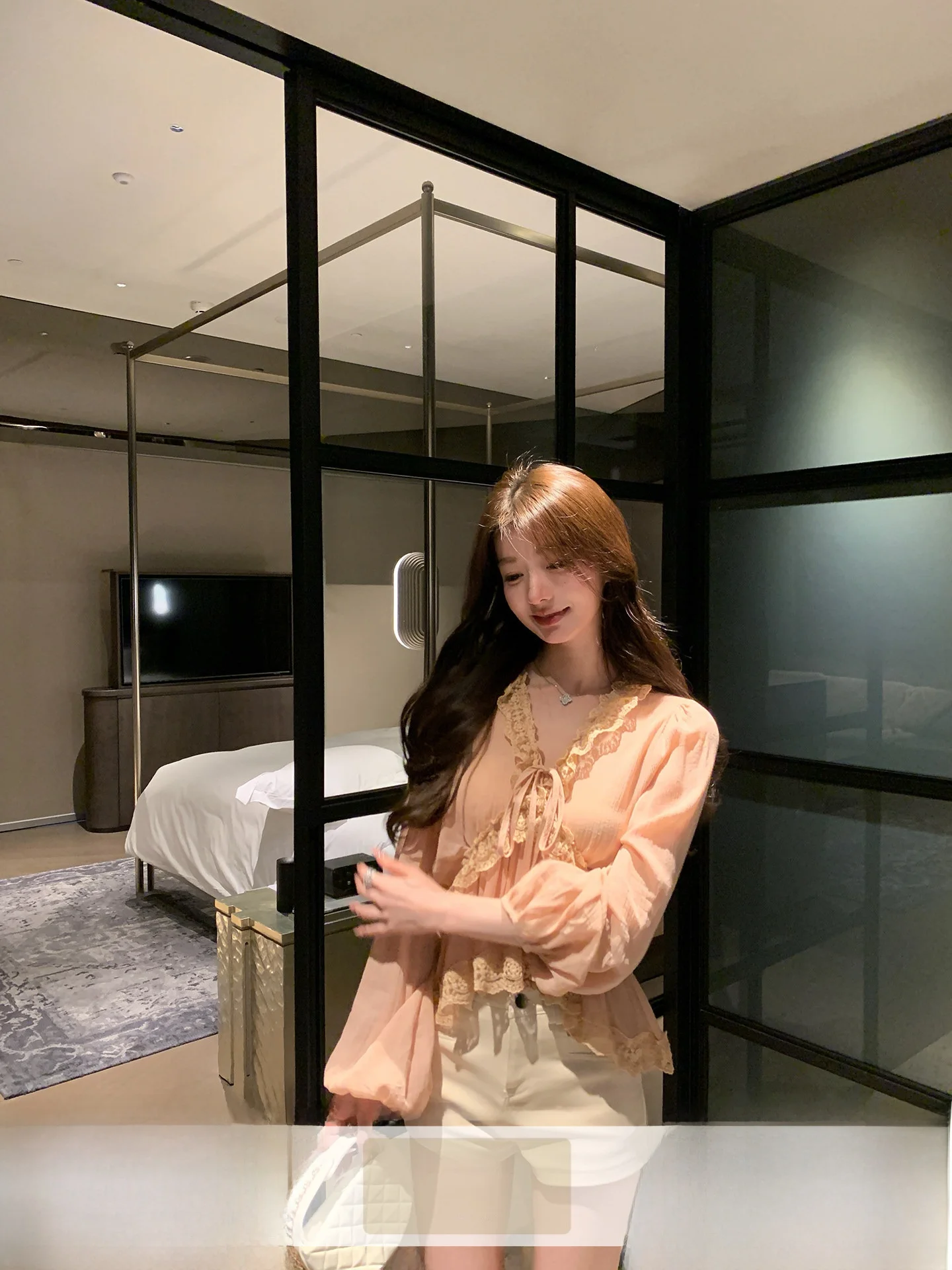

YOLI Zhang Yuli Casual V-neck Long Sleeve Women's Shirts Pink Commute Spring Fashionable Slimming Chiffon Tops