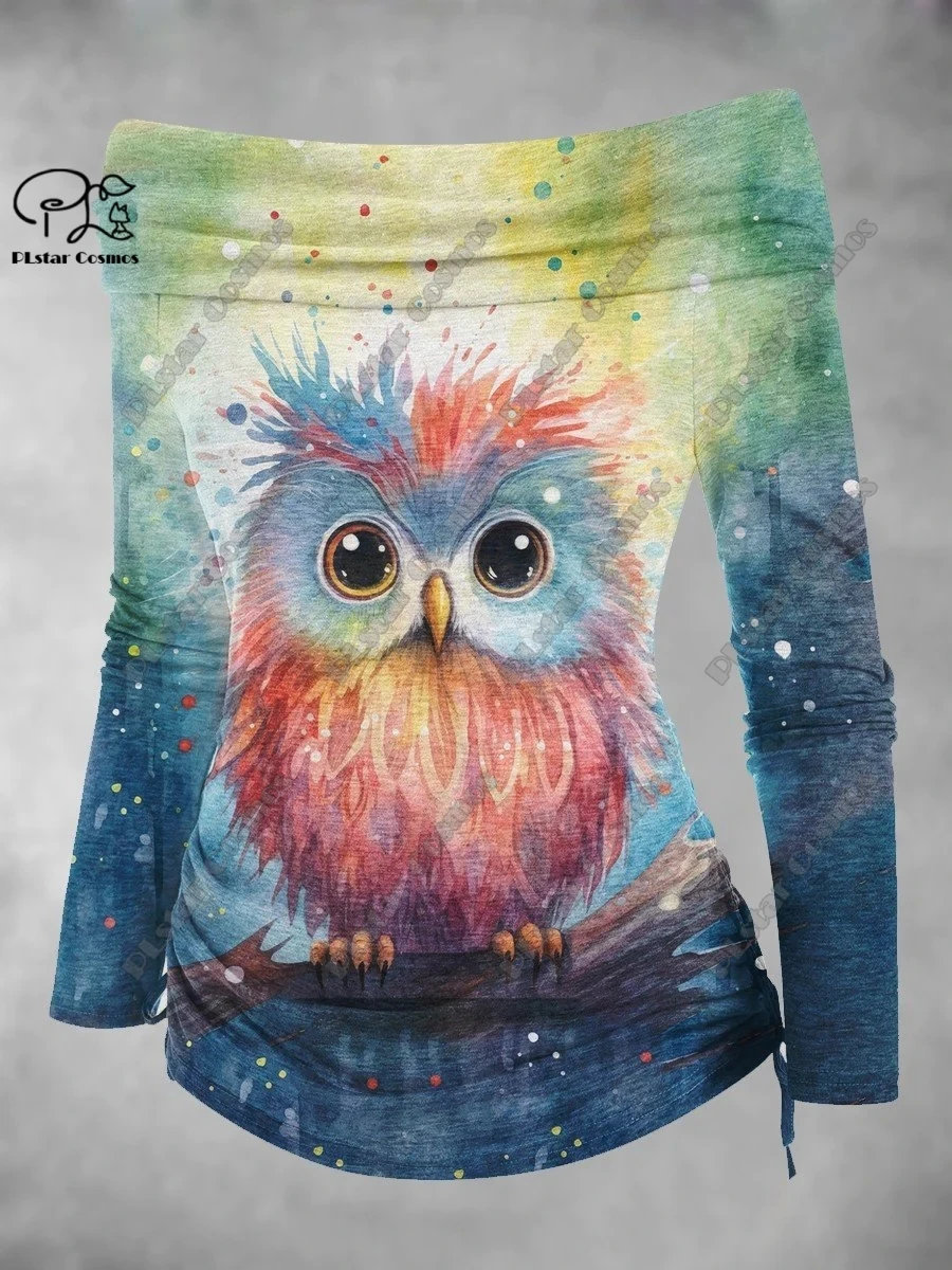 PLstar Cosmos 3D impreso serie animal lindo patrón arte estampado fuera del hombro plisado camiseta ajustada mujer casual top D-2