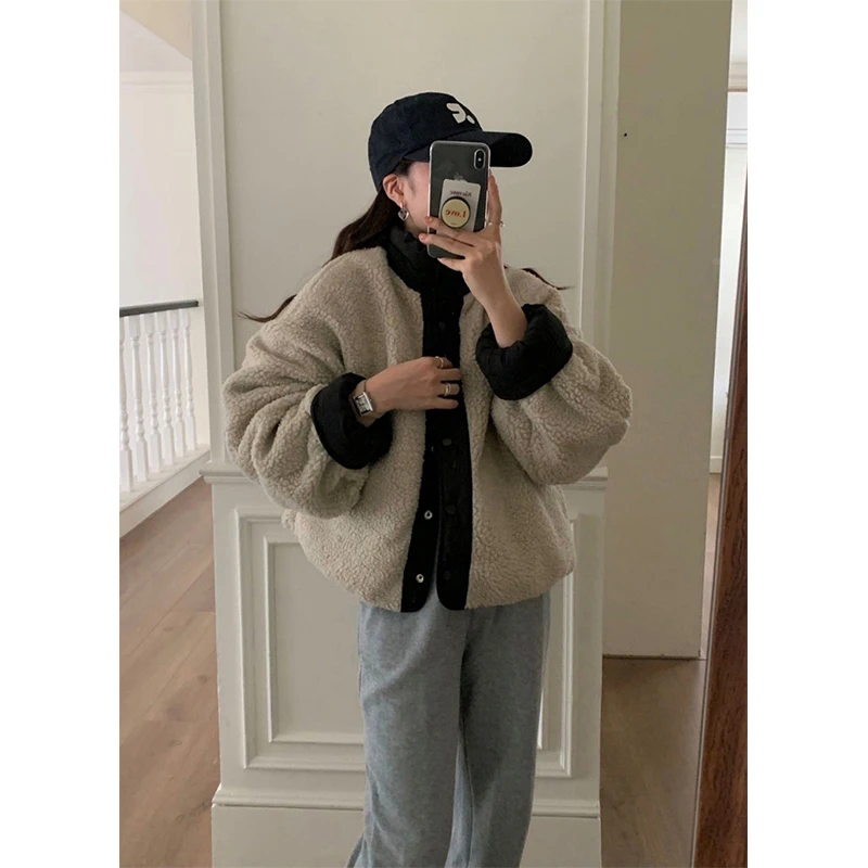 MEXZT Winter Short Parkas Women Lamb Wool Padded Coats Streetwear Faux Fur Fluffy Jackets Korean Thick Warm Stand Collar Outwear