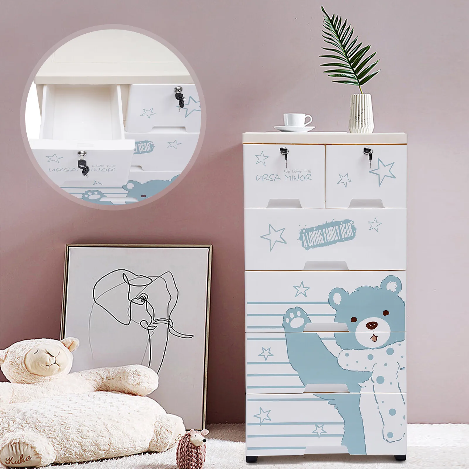 

Kids Plastic Dresser – 6 Drawers, Polar Bear Pattern. Lockable, 66Lbs Load. For Nursery, Organizes Toys/Clothes, Easy to Move.