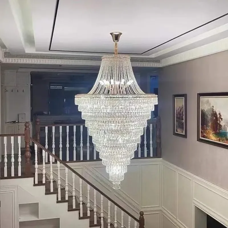 for Duplex Building Chandelier Villa Living Room Hollow Simple Middle Floor Long Crystal Rotating Staircase Light