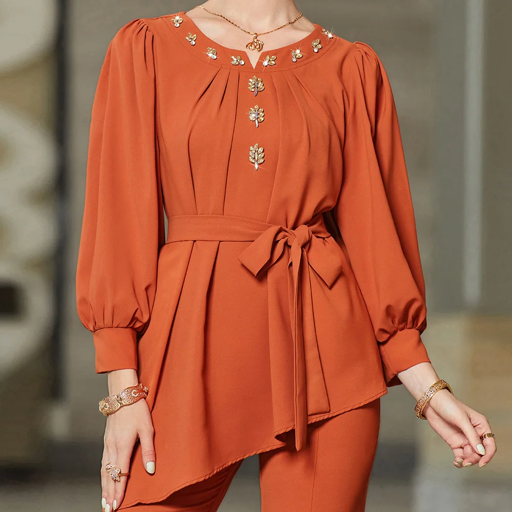 Moda agasalho muçulmano feminino manga longa blusa abaya ternos diamantes islam roupas conjuntos de correspondência 2 pçs ramadan topos calças terno