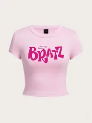 Personality Womens Crop T-Shirt Y2K Pink Bratz Letter Prints Short Sleeve High Elastic Soft O-Neck Tees Sexy Club Female Clothes