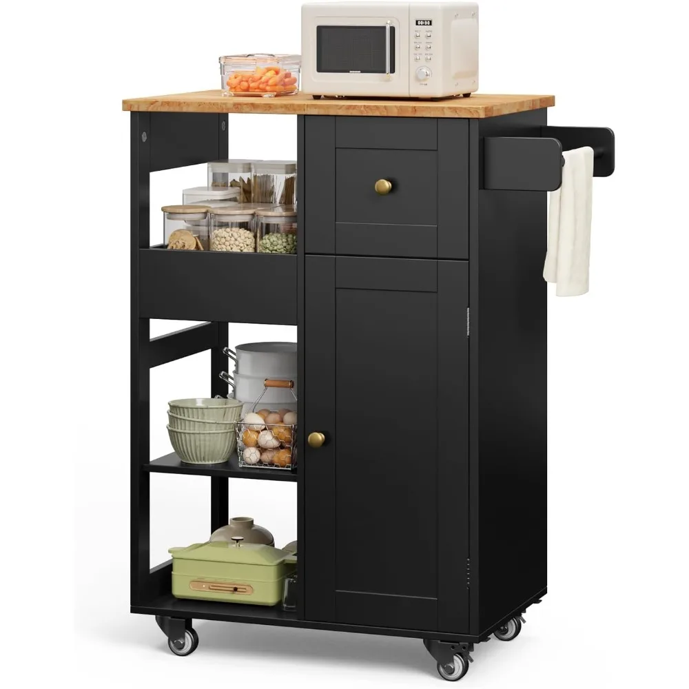 

Kitchen Island Cart on Wheels, with Thickened Wooden Countertop, Rolling Serving Utility Cart with Drawers and Doors, Bar Cart