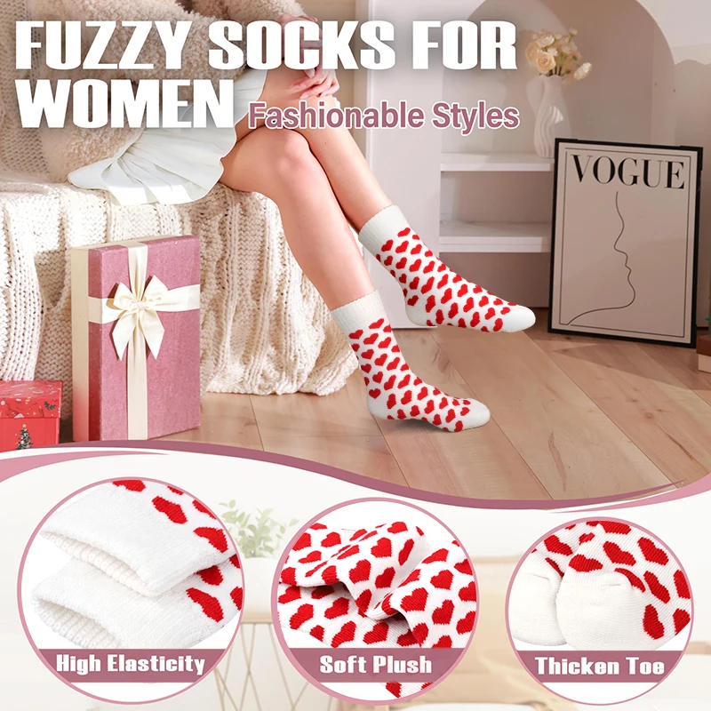 4 Pary Damskich Skarpetek Załogowych z Nadrukiem Serca, Zimowe Pluszowe Skarpety Frotte do Połowy Łydki, Grube Dzianinowe Termiczne Skarpety Śnieżne/Outdoorowe Codzienne Skarpety Podłogowe