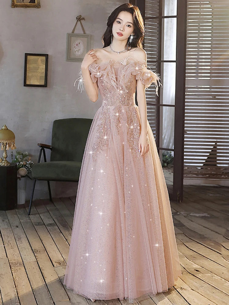 Vestidos de noite para festa quinceanera feminina, babados com penas no ombro vestido de princesa de tule rosa lantejoulas, vestido de banquete babados