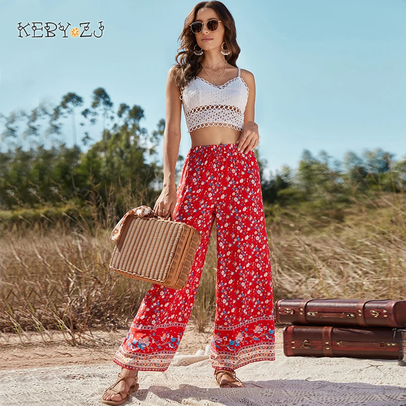 

KEBY ZJ Women's Pants Summer Bohemia Beach Long Pants Female Clothes Loose Casual Vacation Wide Leg Floral Print Pants Trousers