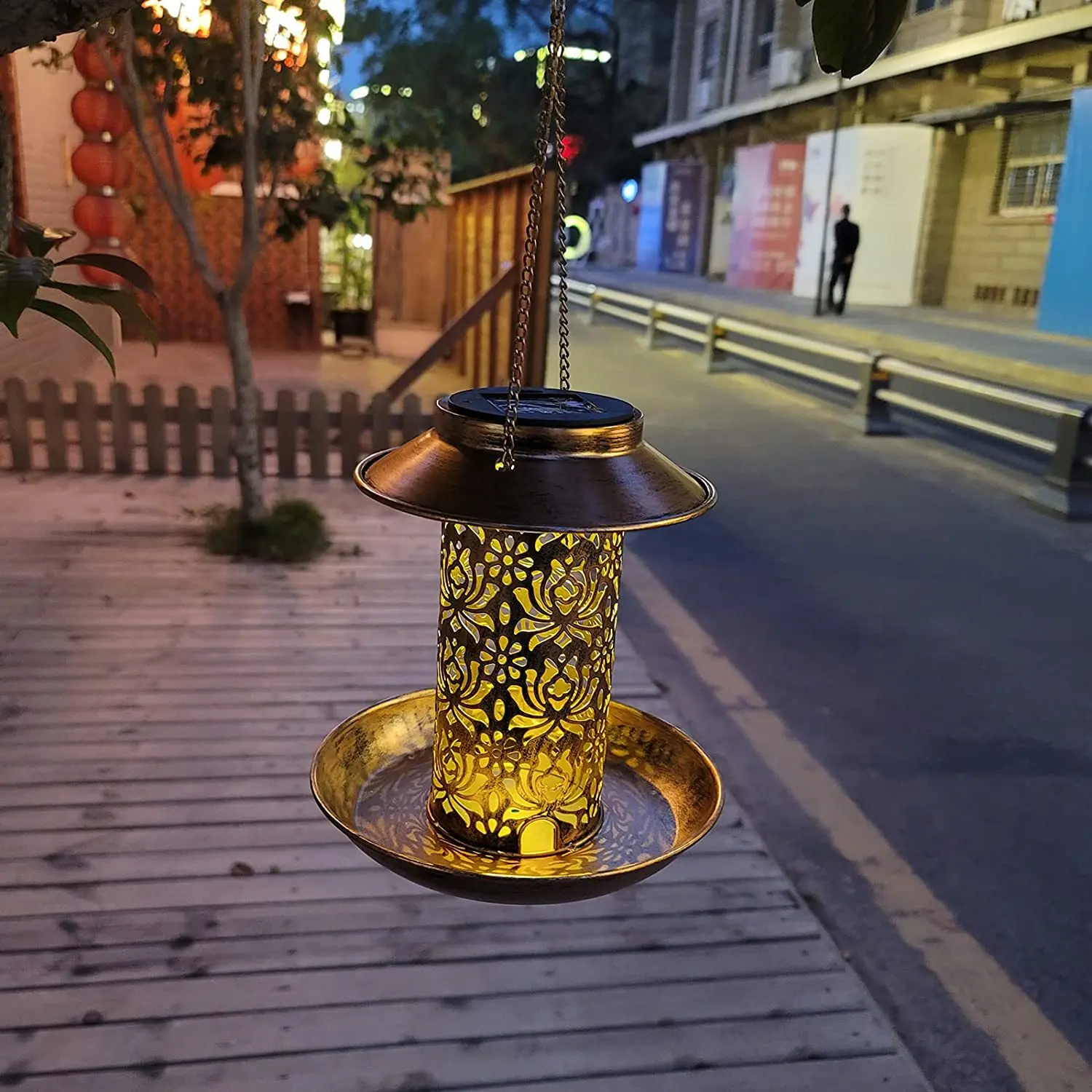 Outdoor Solar Bird Feeder Metal Hanging Feeder with LED Light for Garden Wildlife Feeding