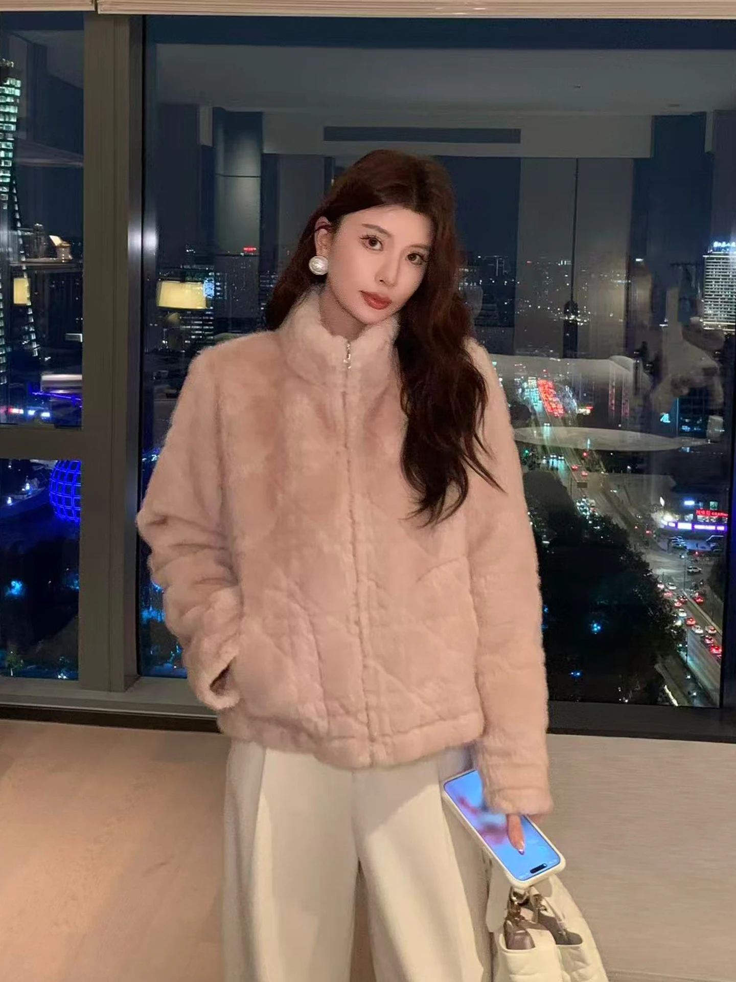 

Ele Thiened Stand Collar Fur Jaet Pink Women's Winter Coat Stand Fit Polyester Fiber Warmth for Daily Wear