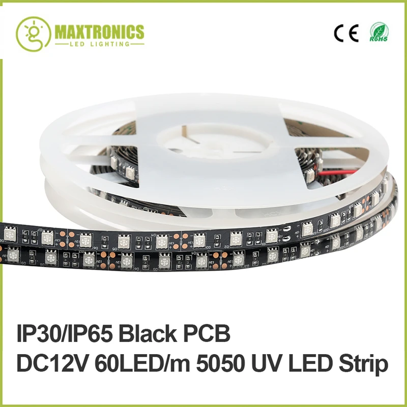 

5M/lot DC12V 5050 SMD 60leds/m Ultraviolet led strip,395nm Purple 300leds LED Flex Strip Light white / black PCB IP30NP/ IP65 WP