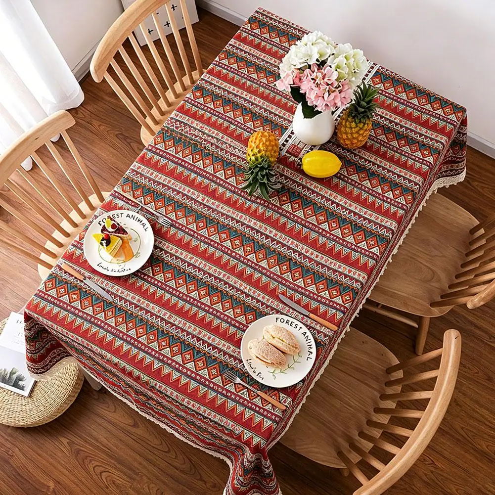 Waterproof And Oil Resistant Tablecloth Cotton And Linen Non Wash Fabric Ethnic Style Rectangular Lace Homestay Tablecloth