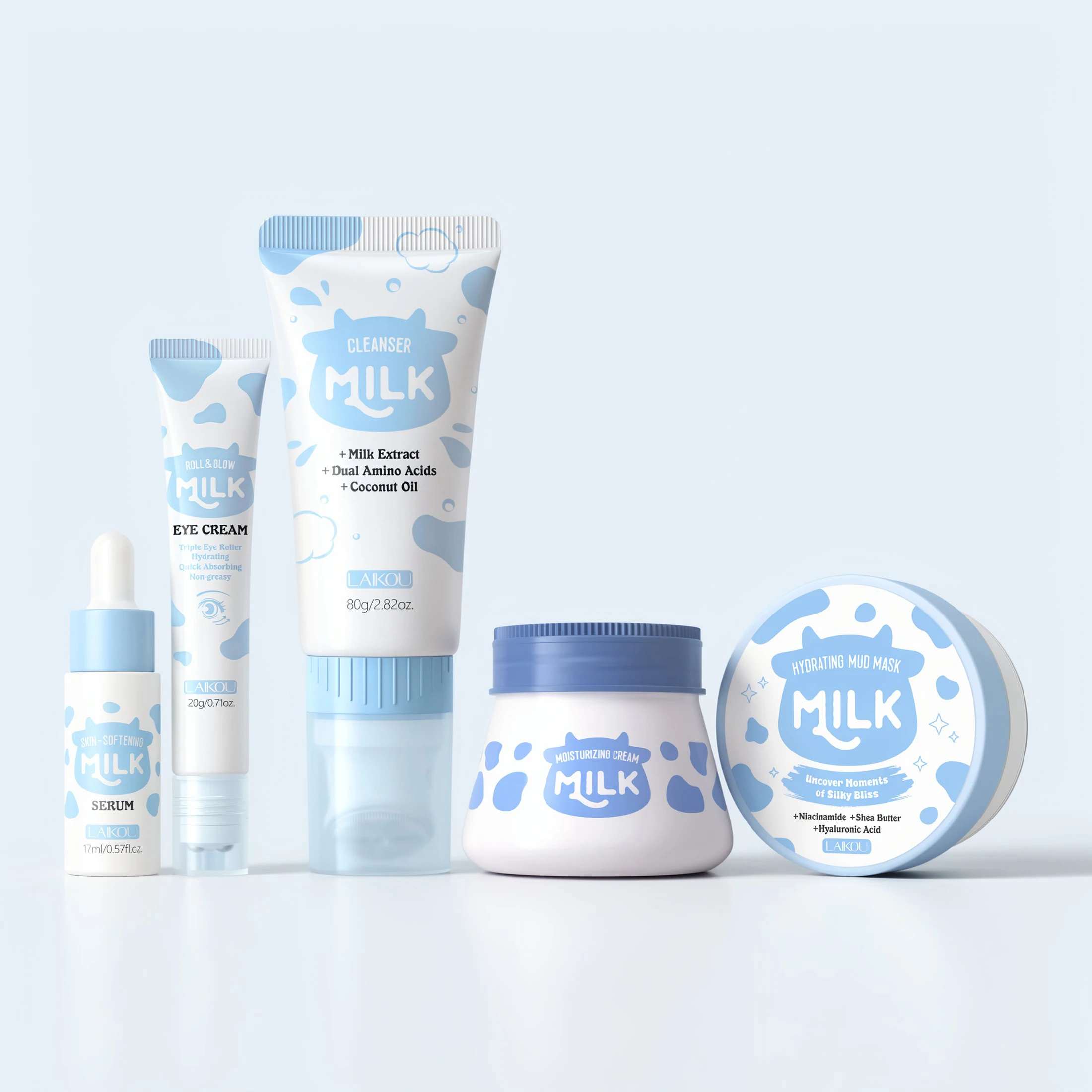 LAIKOU Milk Skin Care Set,Serum 17ml+Face Cream 55g+Facial Cleanser 80g+Mud Mask 90g+Roller Eye Cream 20g Moisturizing